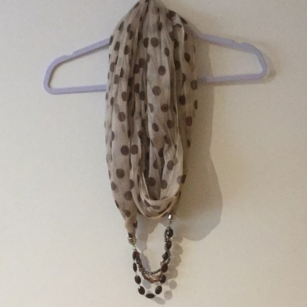 Brown and tan polka dot infinity scarf with beads